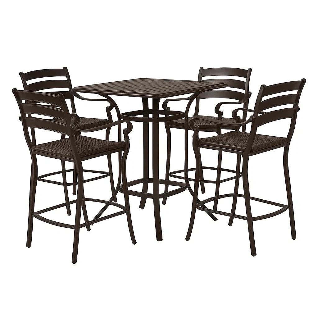 Gartenmöbel Set aus Metall in Braun mit quadratischem Tisch und Hochstühlen