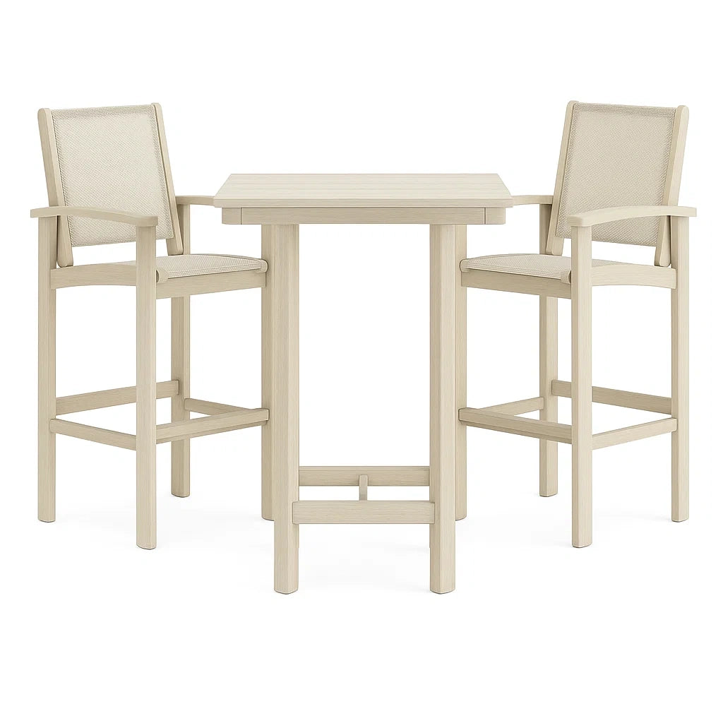 Bar-Set: Tisch mit 2 Hockern aus Massivholz und Polyester in Beige