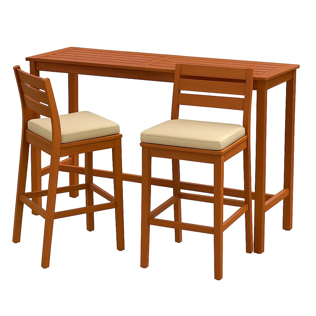 Holz-Bistro-Set mit Beigen Kissen, 2 Barhocker und Tisch