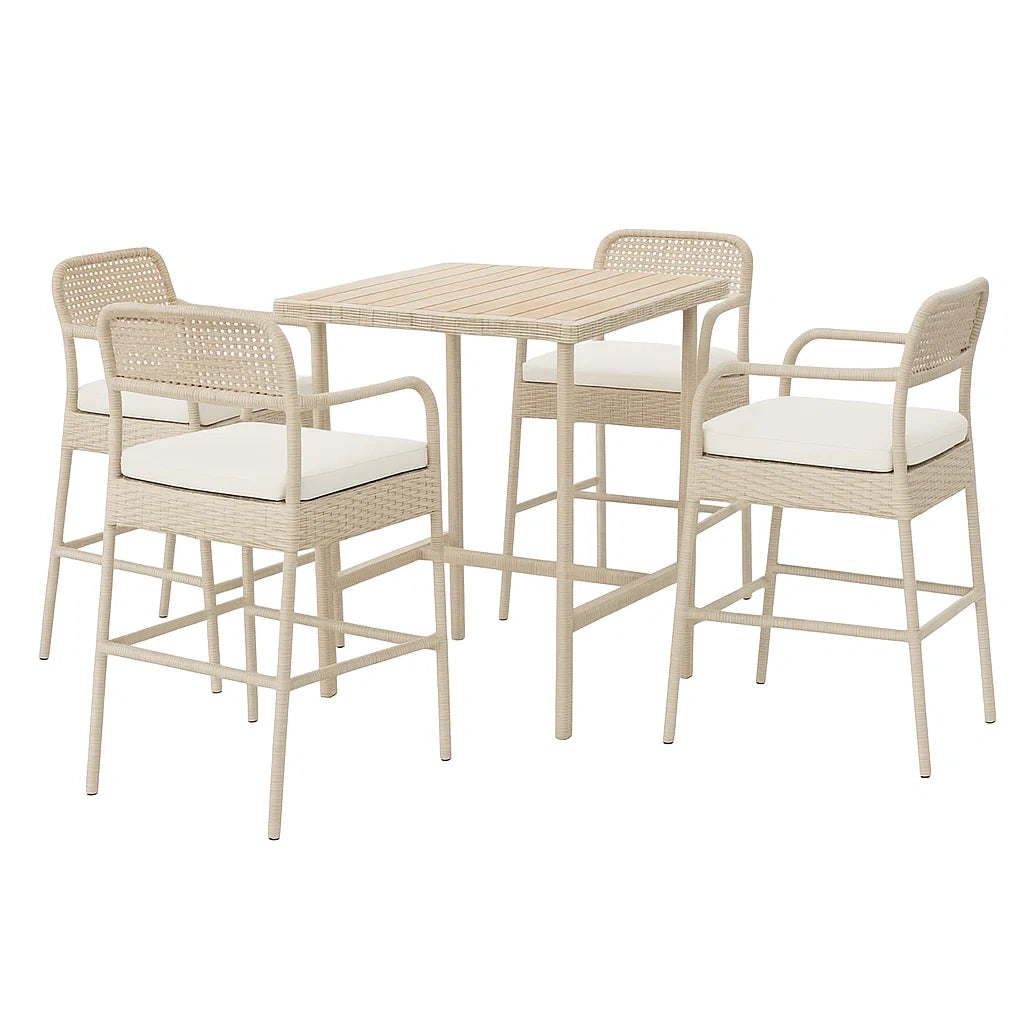 Bar-Esstischset aus Polyethylen-Geflecht Beige mit 4 Barhockern