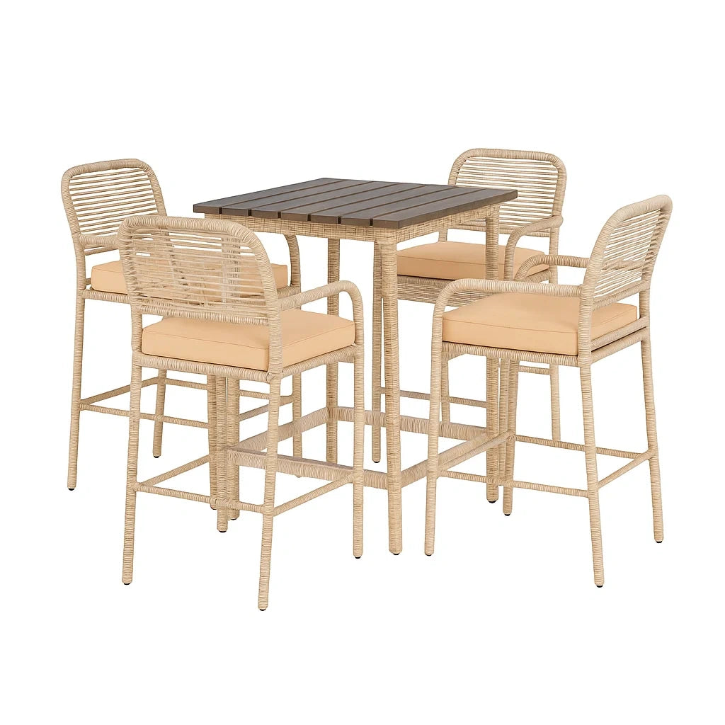 Garten Bar-Set aus Rattan Beige mit Holz Tischplatte 100x100 cm