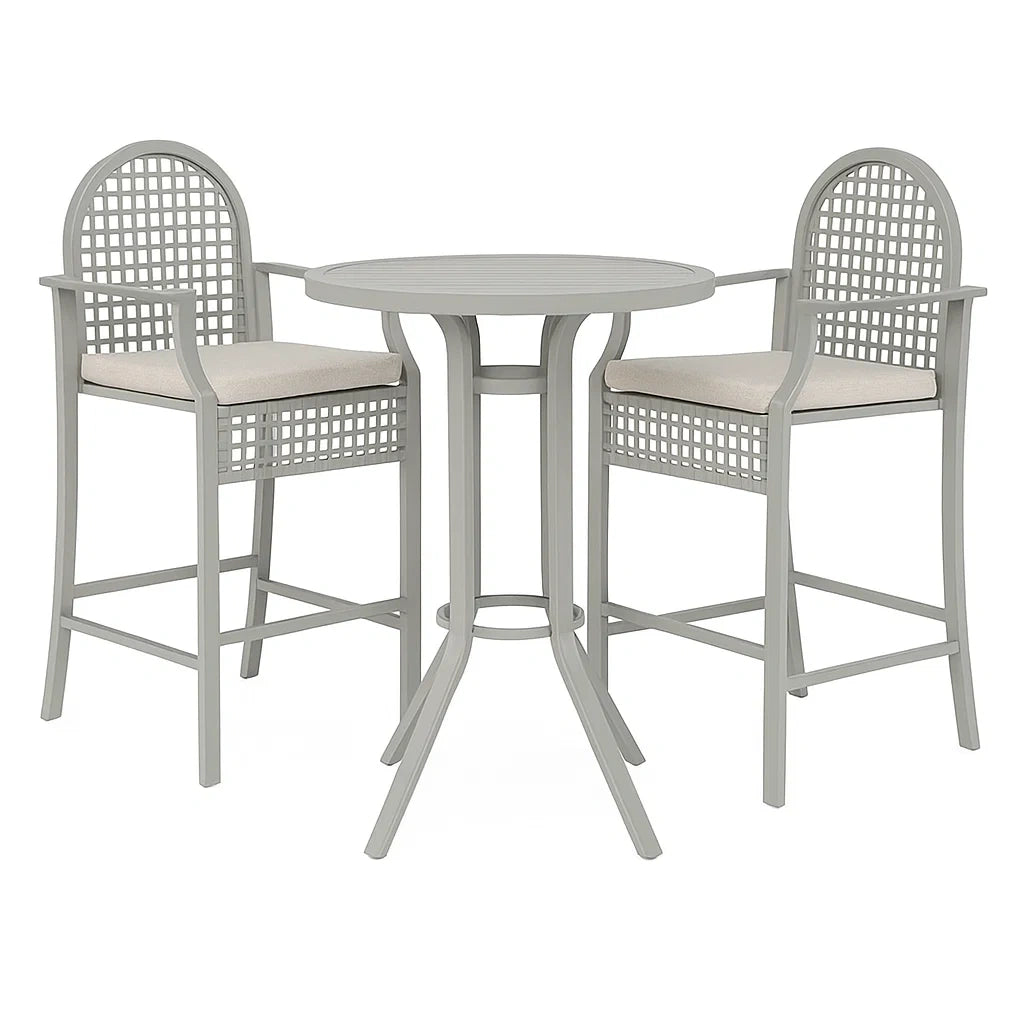 Aluminium Gartenmöbel-Set in Grau mit 2 Barstühlen und rundem Tisch