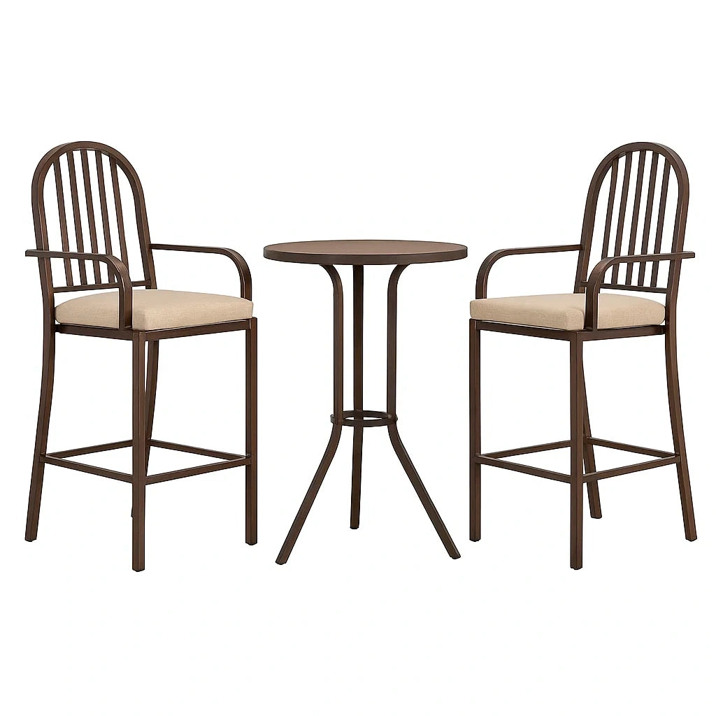 Metall Bistro-Set mit Rundtisch und Hochstühlen, Braun, Polyesterpolster