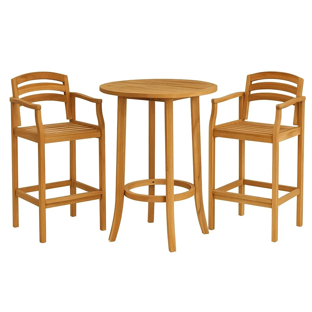 3-teiliges Bistro-Set aus Teakholz mit Rundtisch und Stühlen