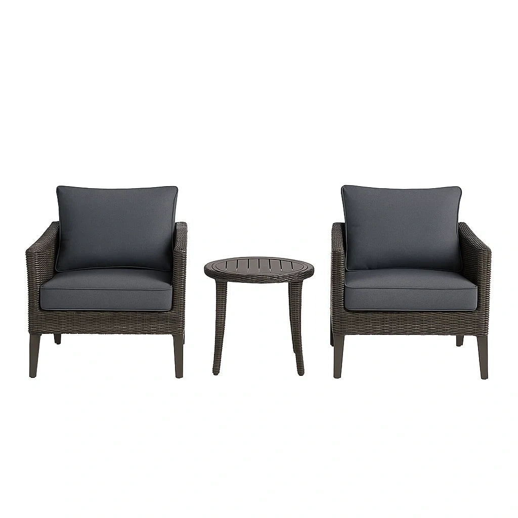 Rattan Gartenmöbel-Set mit Rundem Tisch und 2 Sesseln, Schwarz