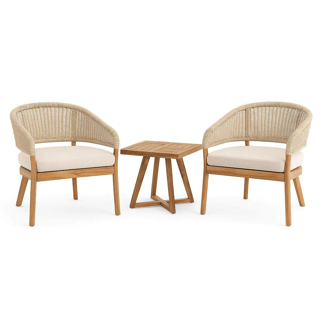 Teakholz Gartensessel-Set mit Tisch und Polyrattan Beige