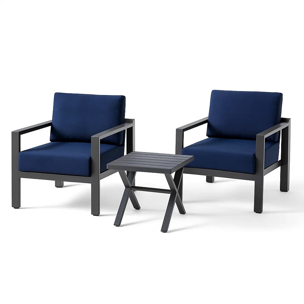 3-teiliges Gartenmöbel-Set, Metall Sessel und Tisch, Blau