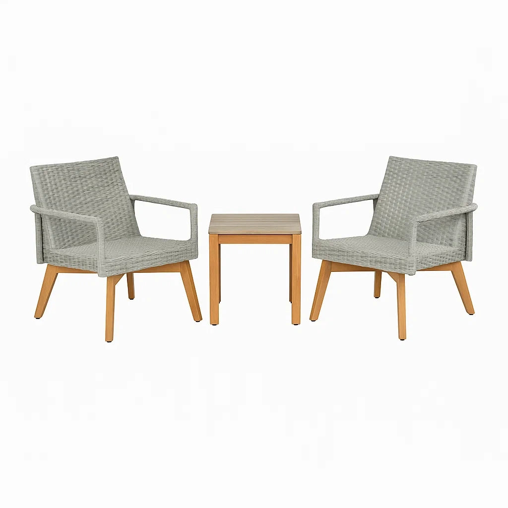 Gartenmöbel-Set 2 Sessel Grau Polyethylen-Rattan 1 Tisch Holz