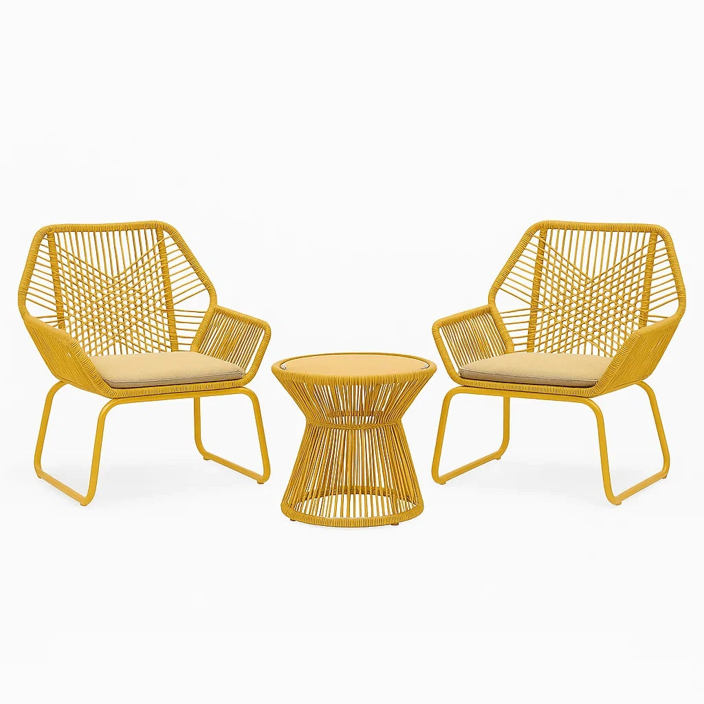 Outdoor-Möbelset aus PE-Rattan in Gelb mit Stahlgestell