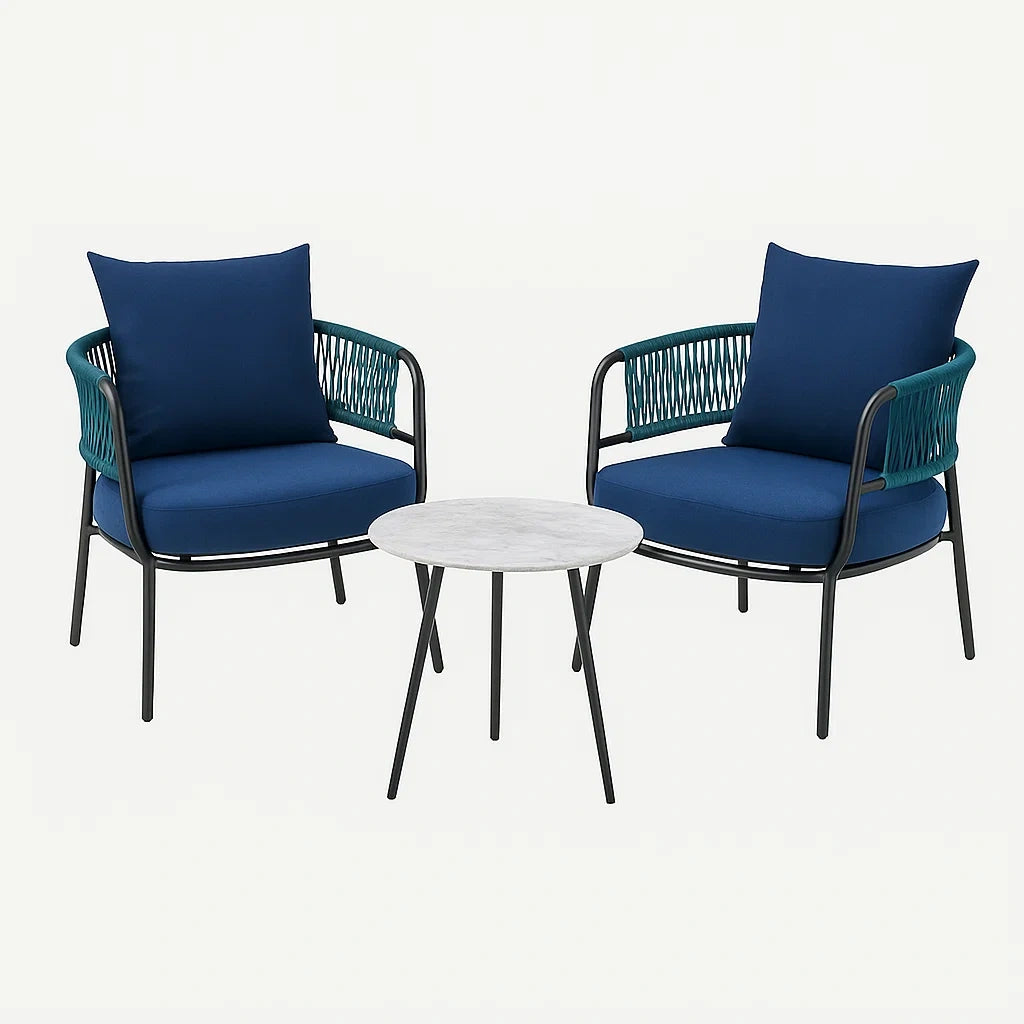 Blaues Outdoor Möbelset aus Metall mit Marmortisch