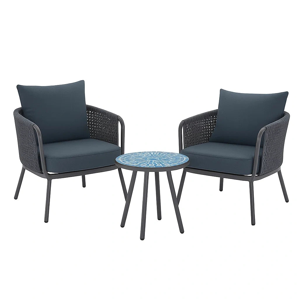 Gartenmöbel-Set aus Stahl und Polyester mit 2 Sesseln und Mosaiktisch Dunkelgrau