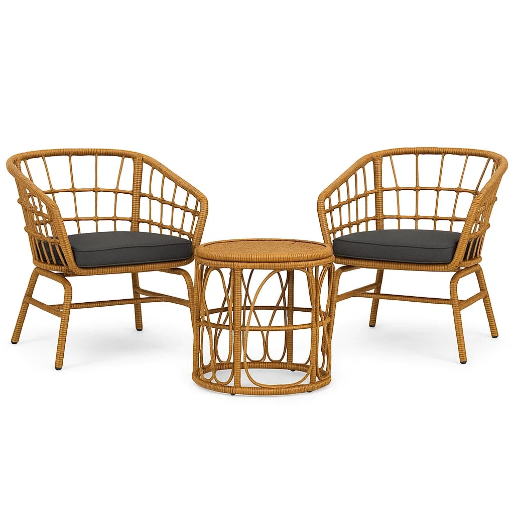 Rattanmöbelset mit Tisch und 2 Sesseln aus Polyrattan in Natur