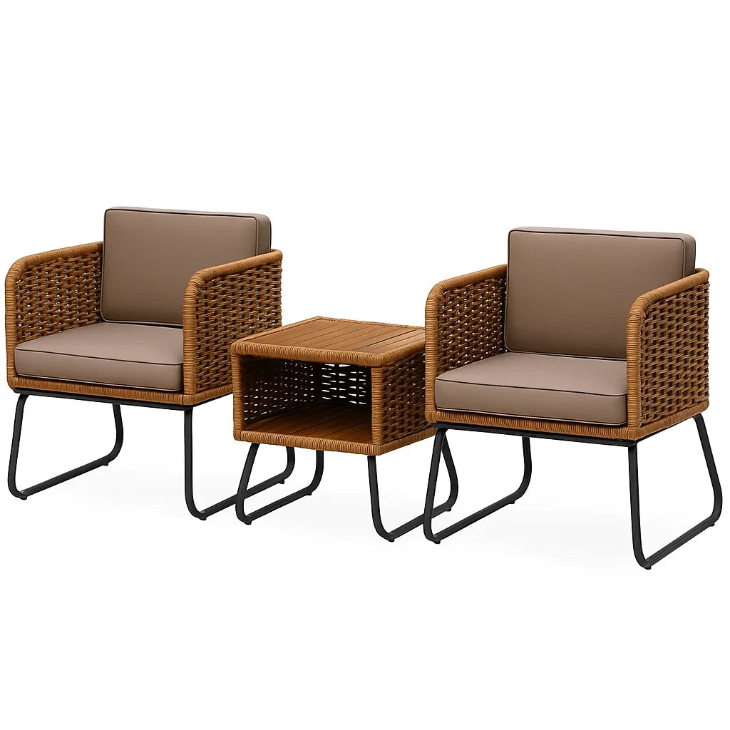 Gartenmöbel Set 2 Sessel mit Tisch aus Polyethylen-Rattan und Stahl Braun