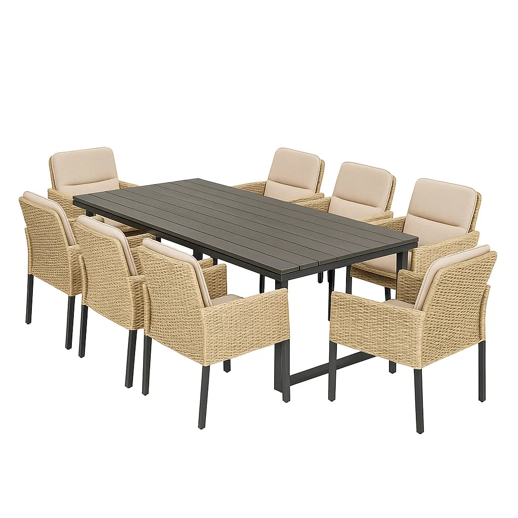 Gartenmöbel Set 8-teilig Rechteckig Metall Tisch + Polyrattan Stühle Beige