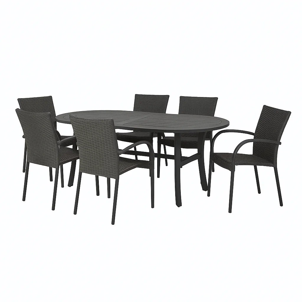 Gartenmöbel-Set aus Rattan, oval, 6 Stühle, Tisch 180 cm x 100 cm x 74 cm, Dunkelgrau