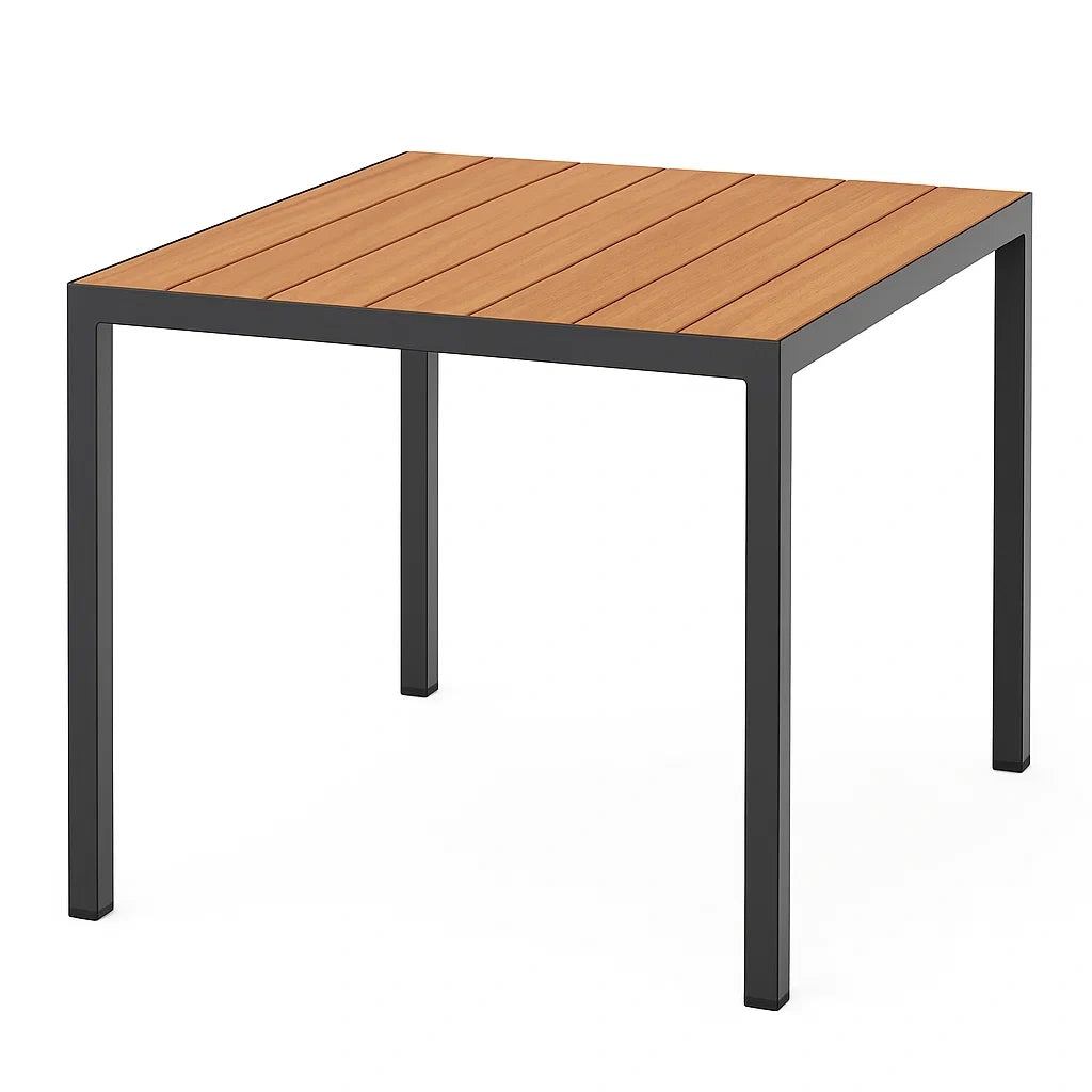 Quadratischer Tisch aus Aluminium und Holzimitat 90x90x75 cm