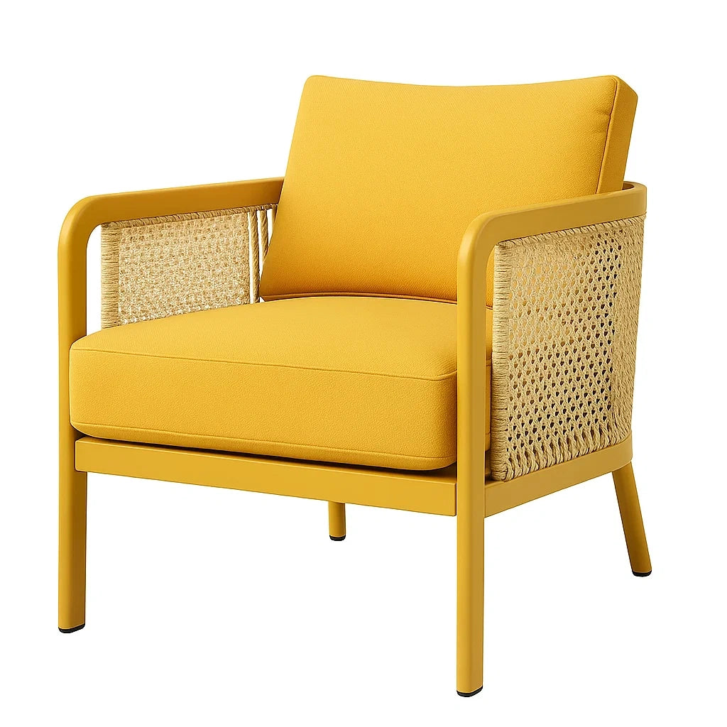 Gelber Loungesessel aus Aluminium und Rattan mit Polyesterkissen