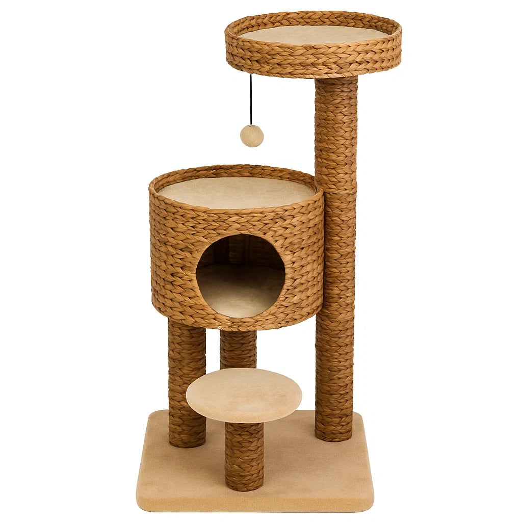 Katzenkratzbaum aus Wasserhyazinthenfasern mit Spielzeug 60x40x120 cm