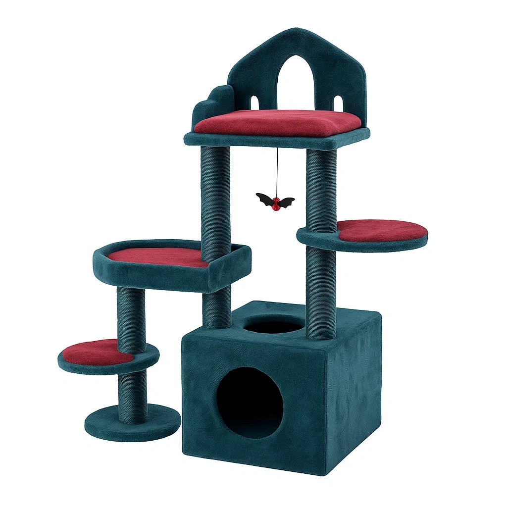 Katzenkratzbaum aus Plüsch und Sisal mit Hängespielzeug