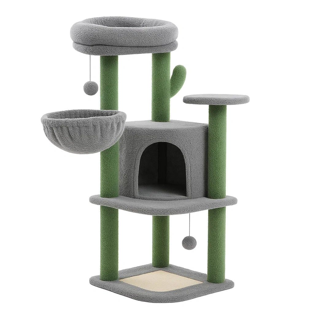 Katzenbaum Grau/Grün Plüsch Sisal mit Hängematte