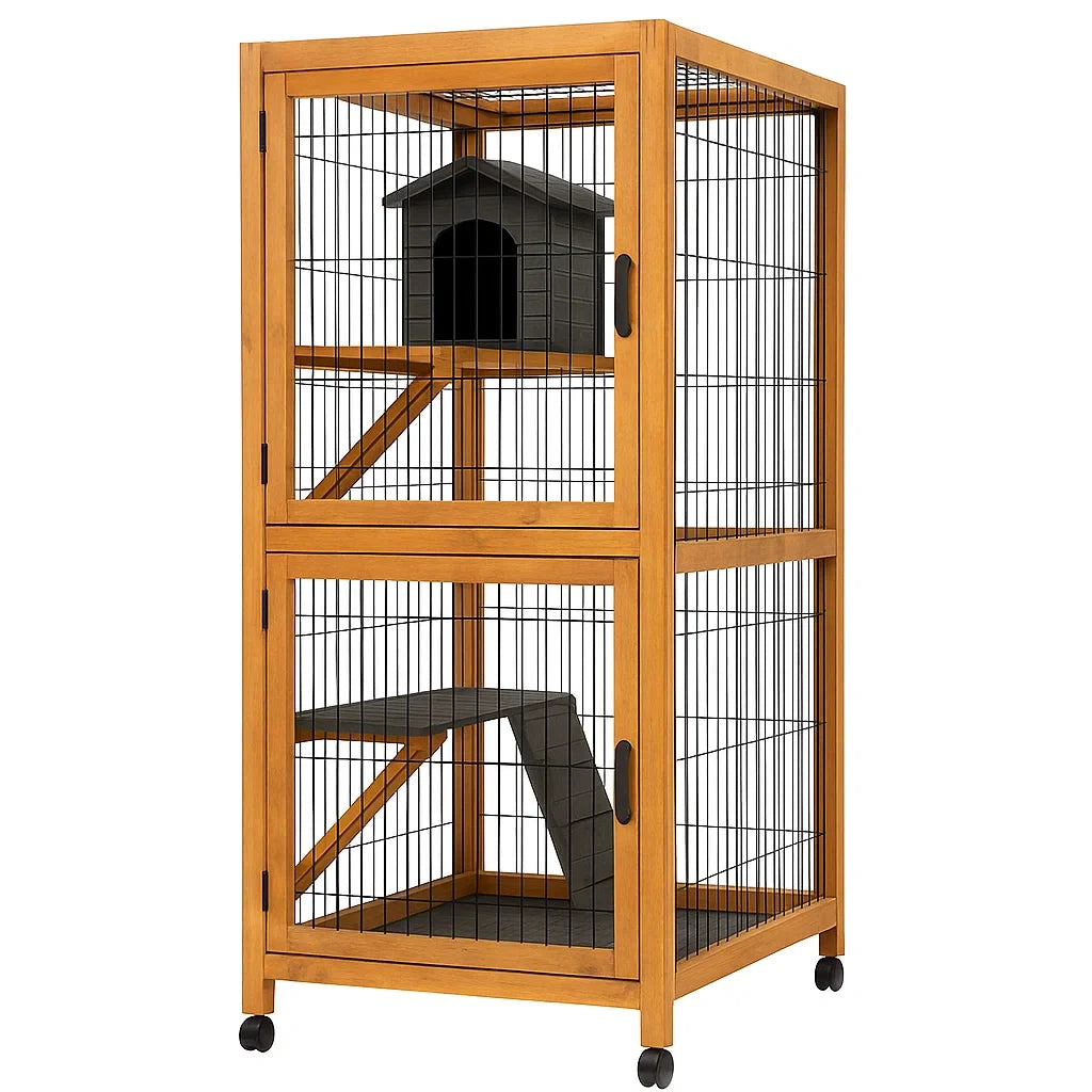 Kleintierkäfig aus Holz mit Metallgitter und Rollen