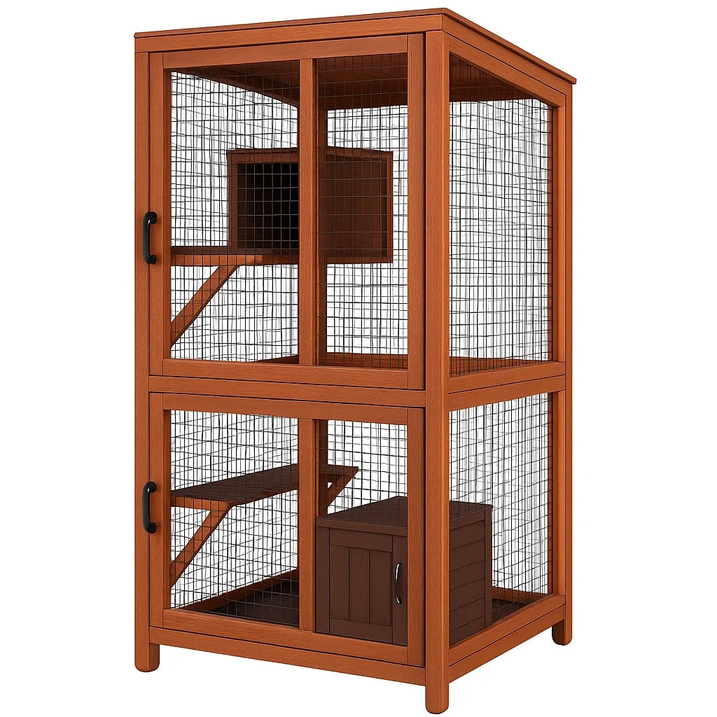 Katzenkäfig aus Holz und Drahtgitter, Braun, 76x64x157 cm