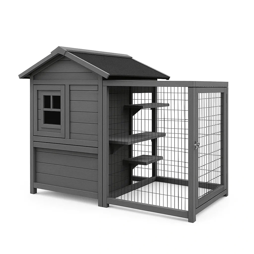 Katzenhaus mit Freigehege Kiefernholz Grau
