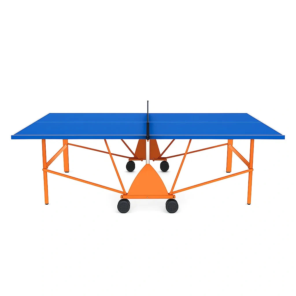 Klappbare Tischtennisplatte aus MDF mit blauem Top und orangenem Stahlrahmen